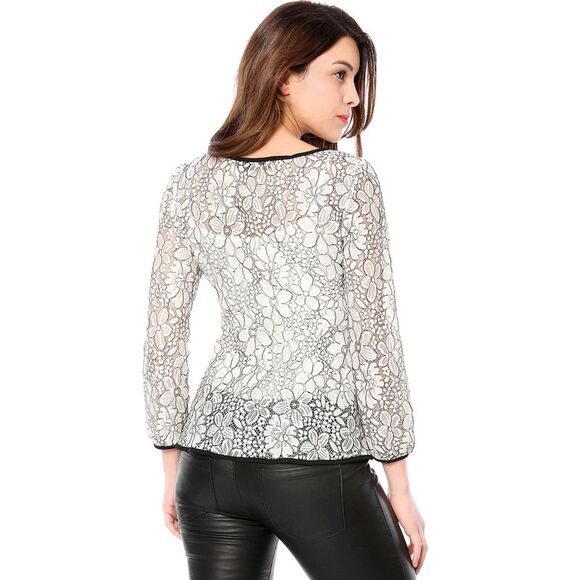 Women's Tie Waist Long Sleeve Top Lace Peplum Blouses White - Picture 5 of 6